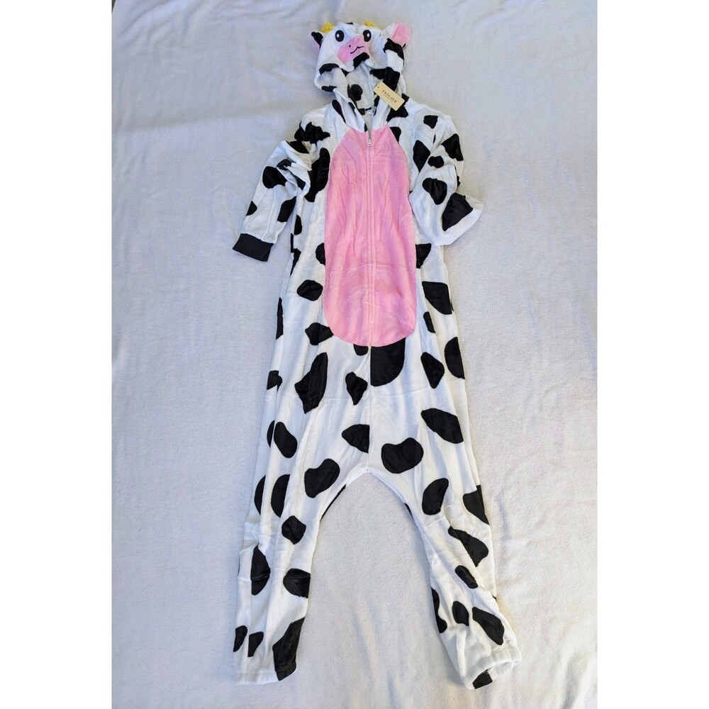 Adult Cow Pajamas Plush Jumpsuit One Piece Animal Halloween Costume, Large
